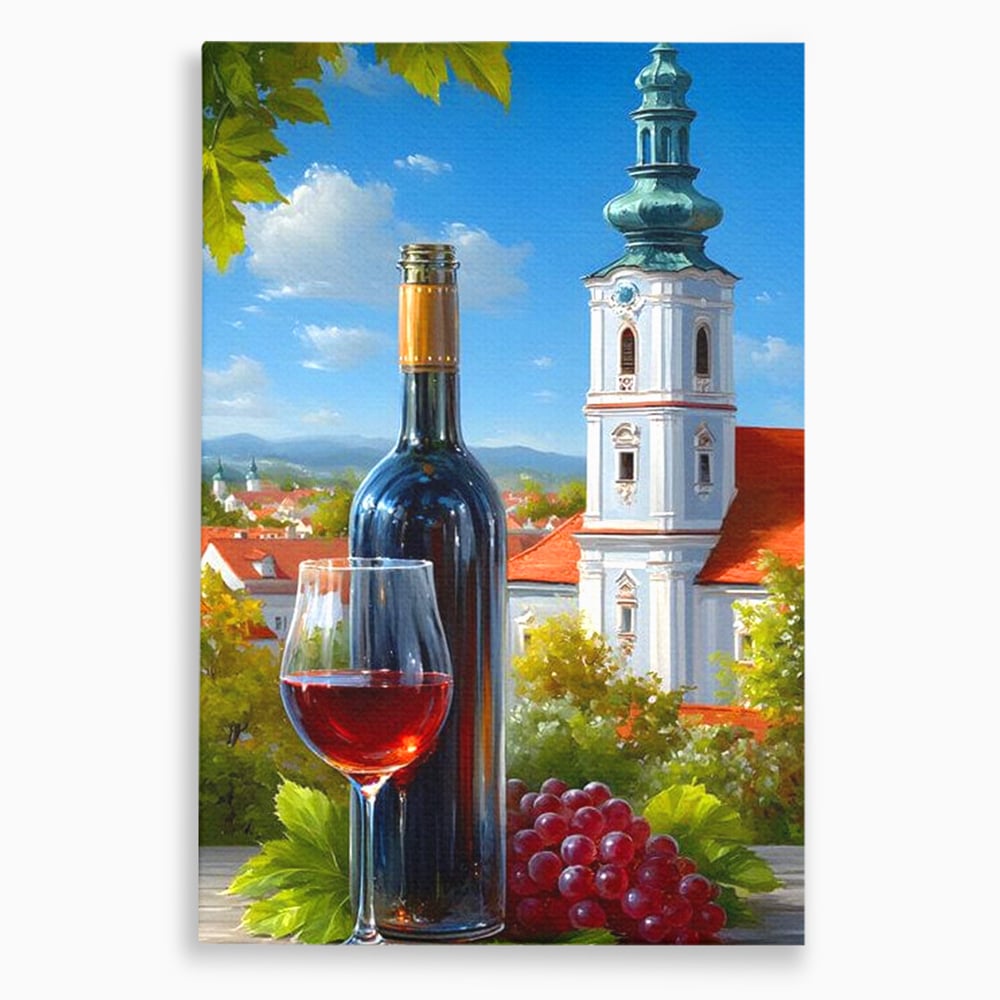Tablou canvas cu pictura cu sticla de vin si manastire, fara rama, pe sasiu de lemn
